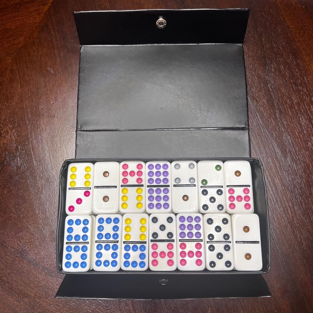 Pressman Double 9 Dominoes Set 55 Color Dot Tiles w/ Black Faux Leather Case